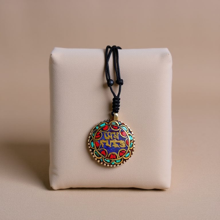 Tibetan Mantra Pendant in White Metal