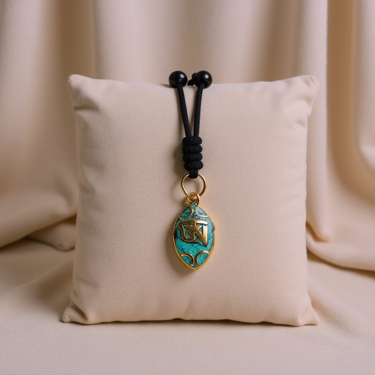 Tibetan Om Pendant in White Metal with Turquoise