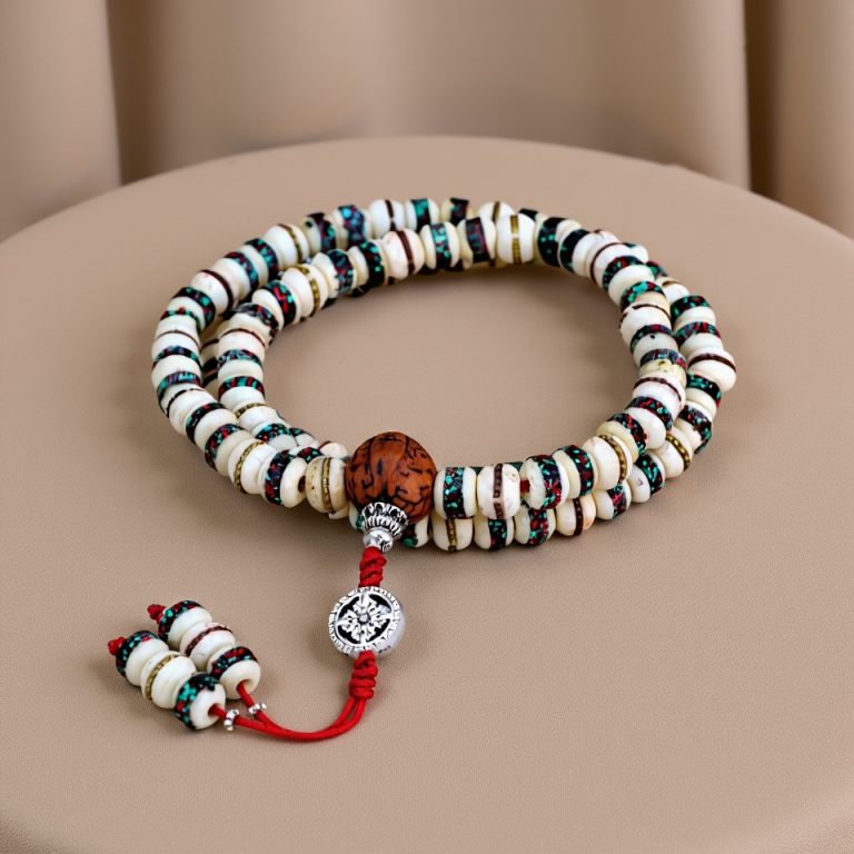 White Antique Bodhi Yak Bone Prayer Mala