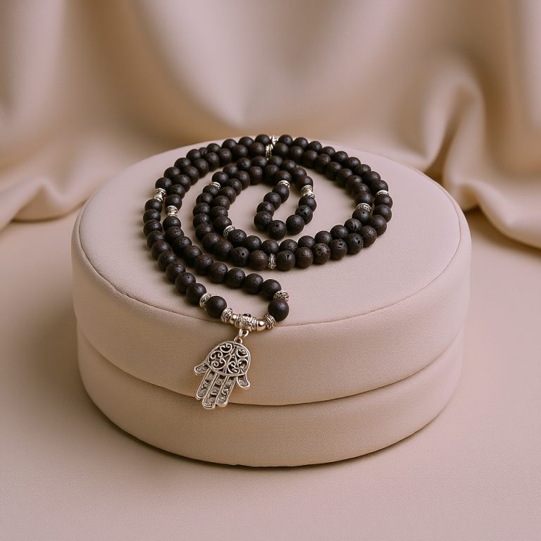 Hamsa Charm Lava Stone Japa Mala