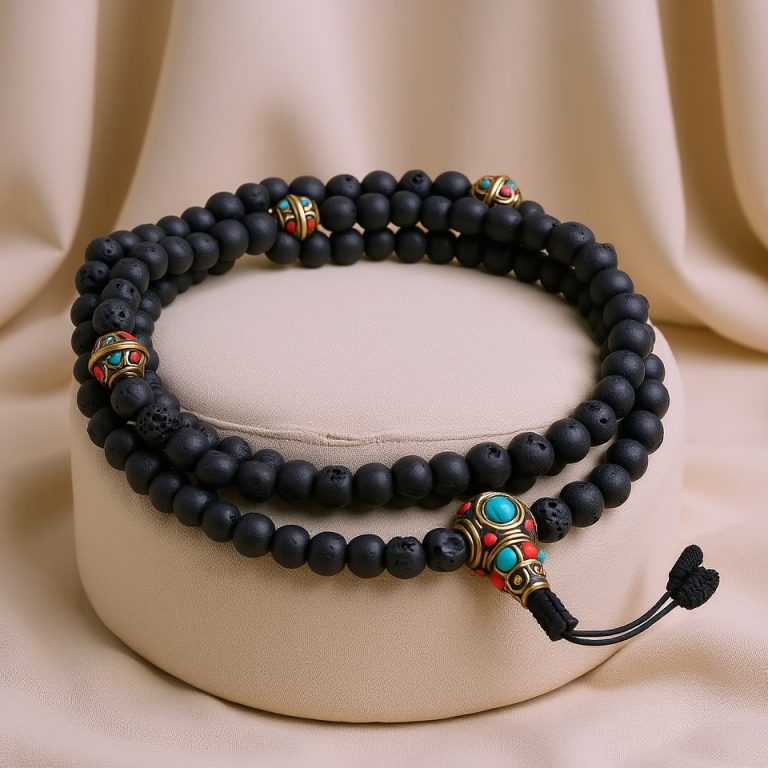 Lava Stone Prayer Mala with Brass Beads