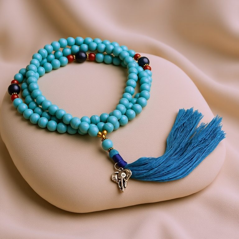 Turquoise Japa Mala with Elephant Charm