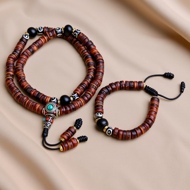 Fossil Yak Bone Mala & Bracelet with Phoenix Eye