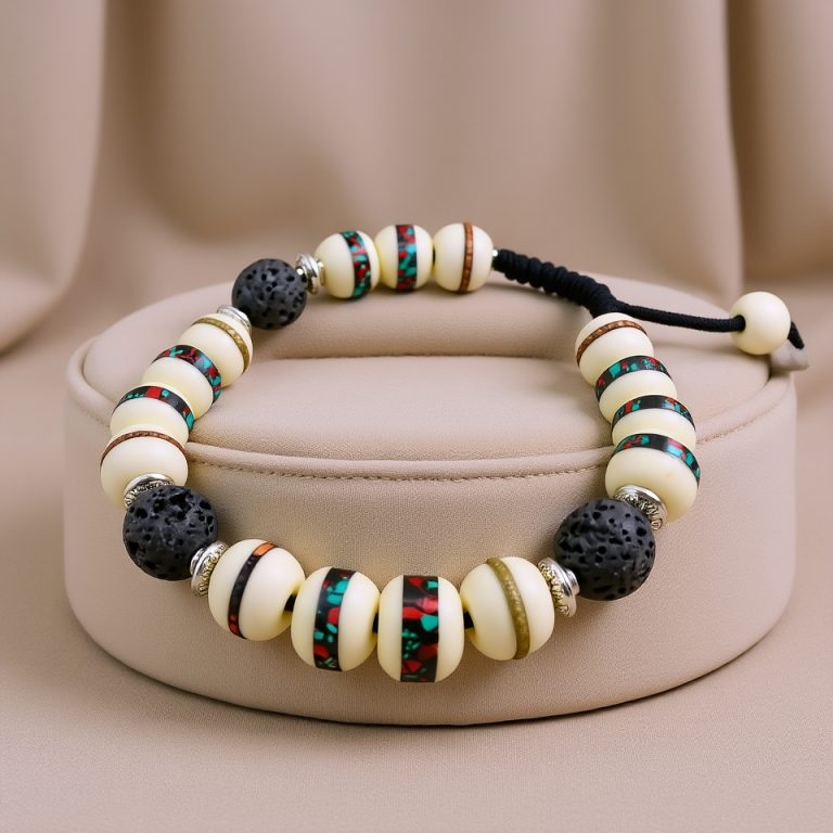 Inlaid Yak Bone and Lava Rock Mala