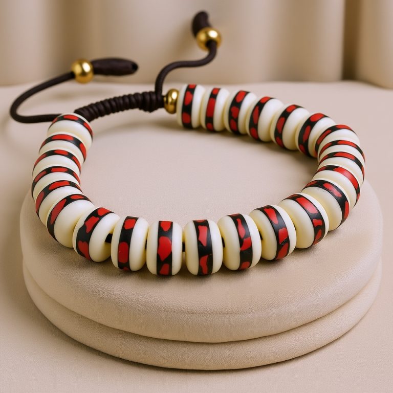 Inlaid Yak Bone Wrist Mala with Coral Stones