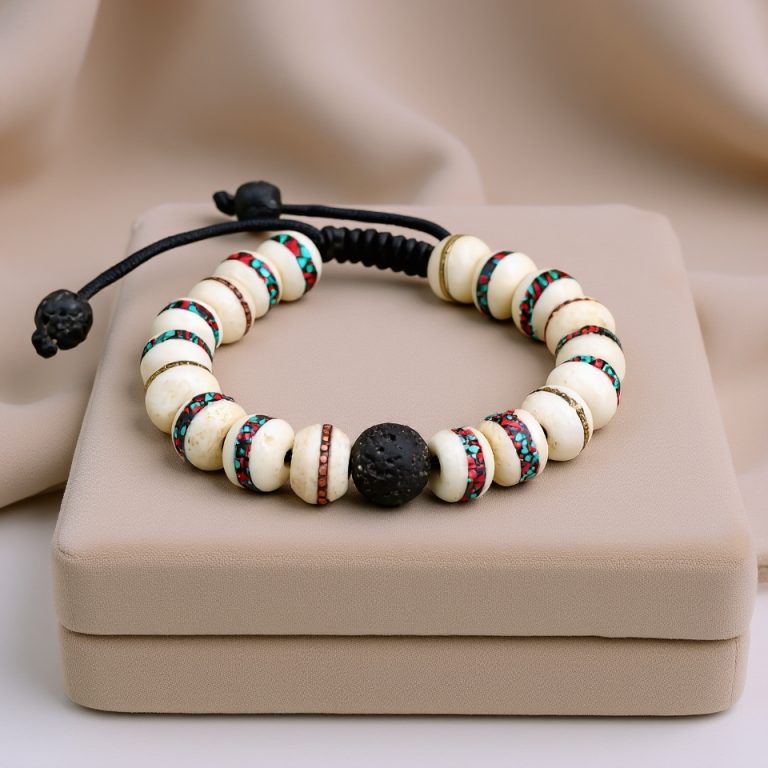 Inlaid Yak Bone Mala with Turquoise and Coral