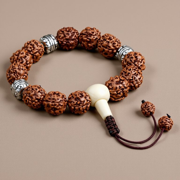 Rudraksha Five Faces Wrist Mala with White Metal