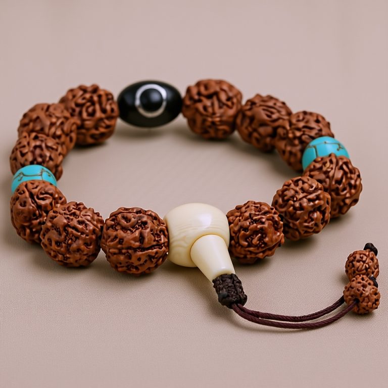 Tibetan Dzi Rudraksha Seed Mala with Turquoise