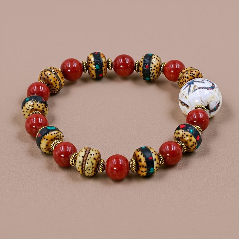 Lotus Seed and Coral Stone Wrist Mala