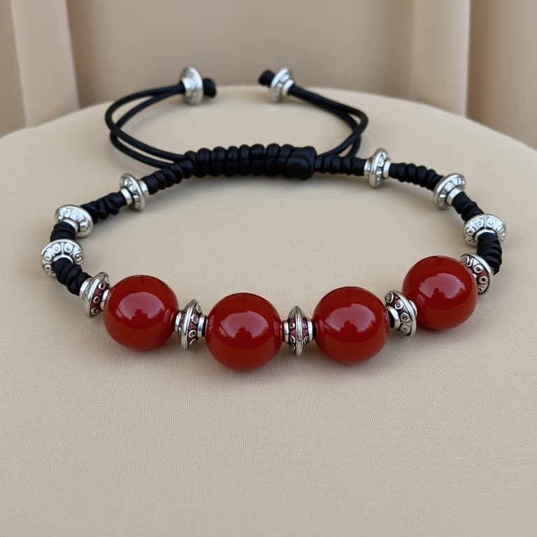Carnelian Stone Wrist Mala with White Metal Rings