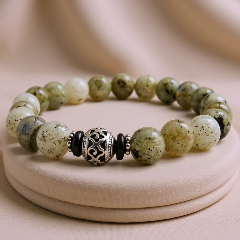 Labradorite Stone White Metal Charm Wrist Mala