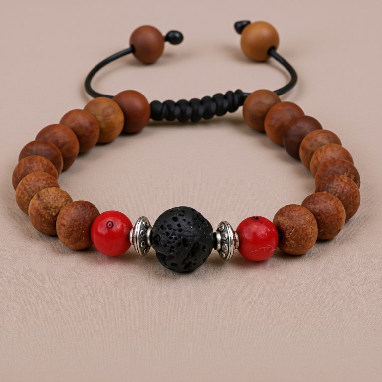Sandalwood Mala with Lava and Coral Beads