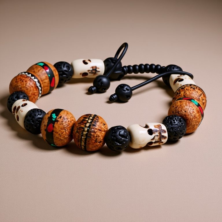Natural Wood Skull Bead Wrist Mala