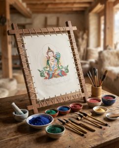 Thangka painting Himalayan workshop with traditionally laced canvas showcasing tools and mineral pigments