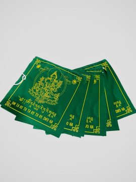 These handmade Tibetan Buddhist Green Tara cotton prayer flags from Nepal radiate compassion and protection, inviting blessings into your space with sacred mantras in vibrant green hues.