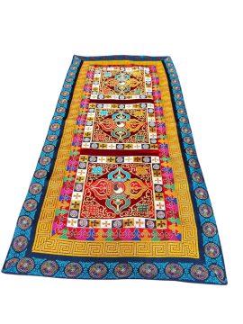 Enhance your spiritual practice with this handmade Tibetan silk brocade table runner from Nepal, featuring the dorje design and Wheel of Life, embodying the essence of Vajrayana teachings.