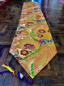 Silk Brocade Golden Flower Table Runner with Tassels