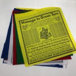 Handmade in Nepal by skilled artisans, these vibrant cotton prayer flags feature Green Tara and her mantras, spreading blessings of peace, prosperity, and compassion to all who behold them.