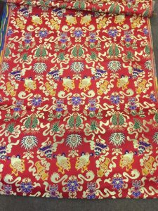 Tibetan Red Silk Brocade with Auspicious Symbols