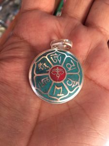 Tibetan Buddha Eye Mantra Pendant in White Metal