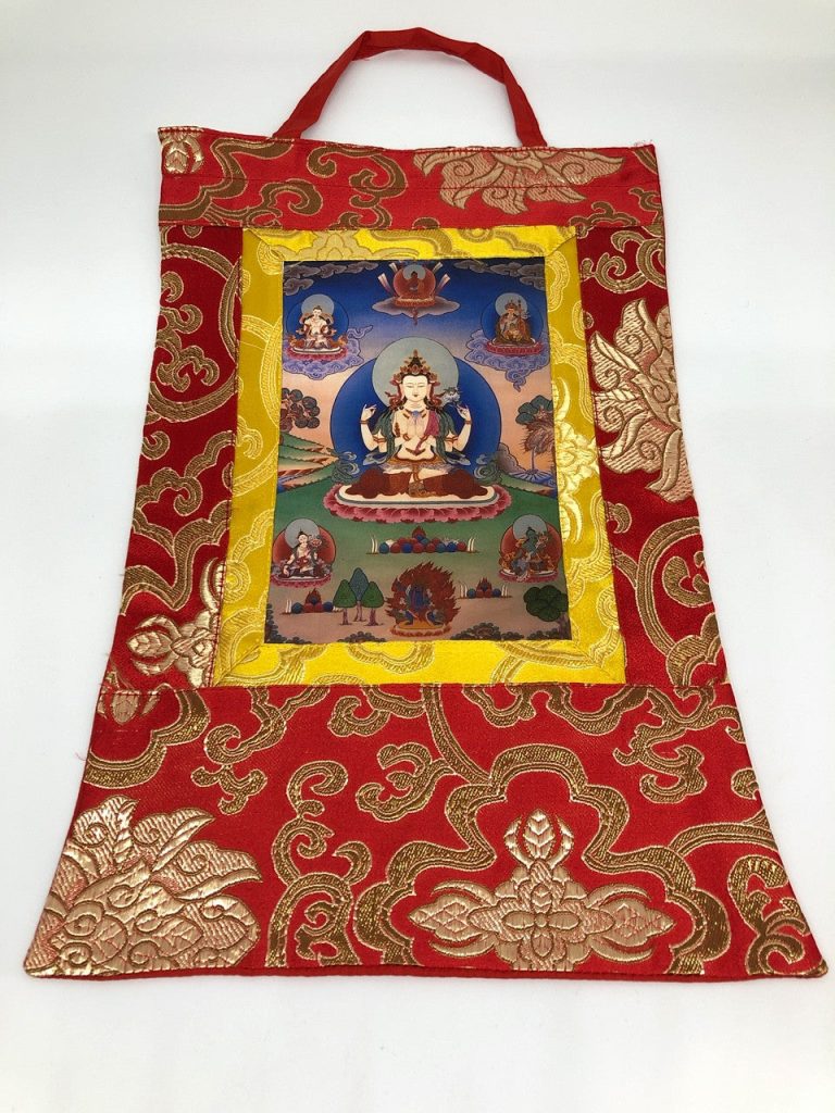 Silk Brocade Chenrezig Thangka Wall Hanging