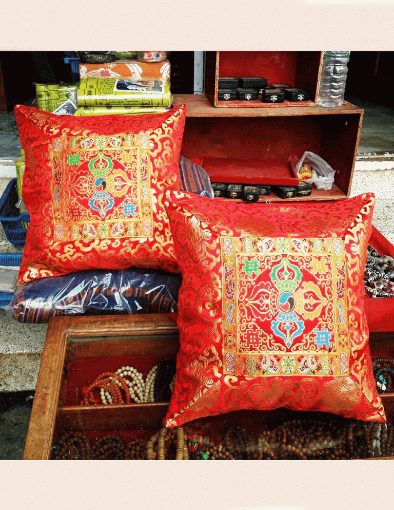 Red Double Dorje Silk Brocade Cushion Cover