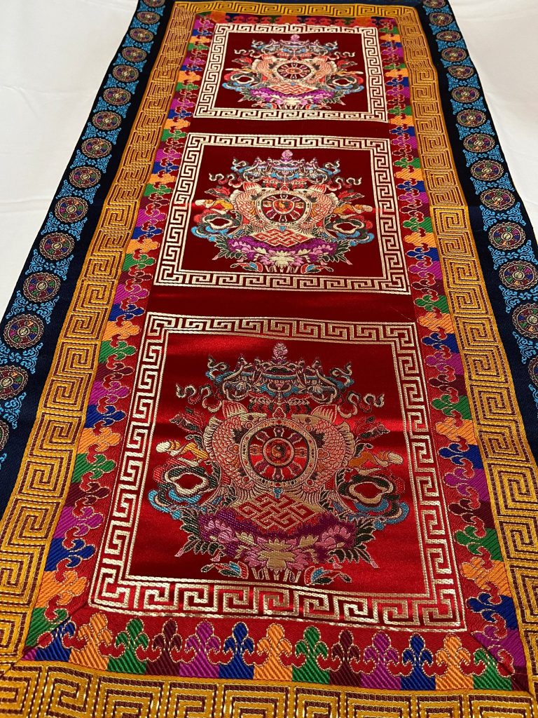 Tibetan Silk Brocade Table Runner with Wheel of Life