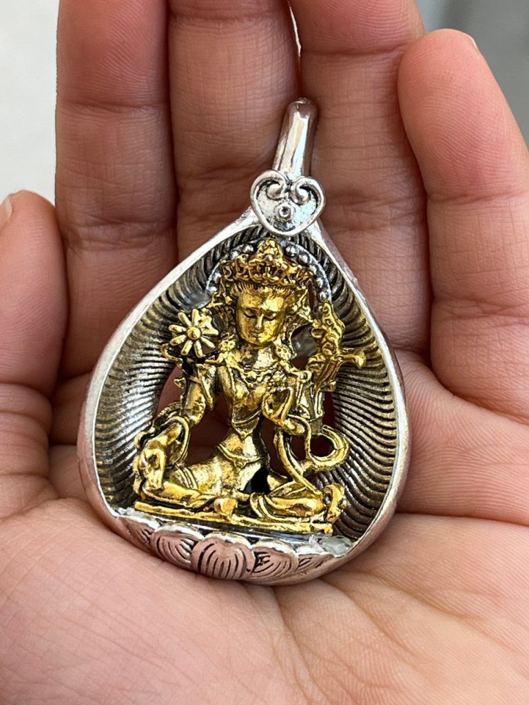 Tibetan Green Tara Pendant in White Metal