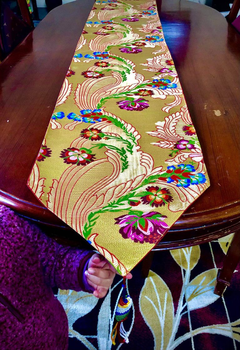 Silk Brocade Golden Flower Table Runner with Tassels