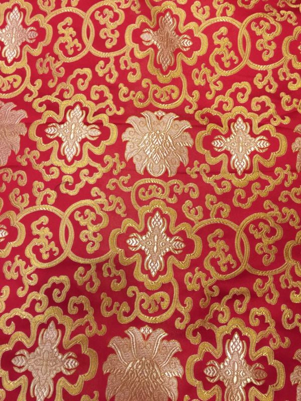 Tibetan Silk Brocade with Red Lotus Design