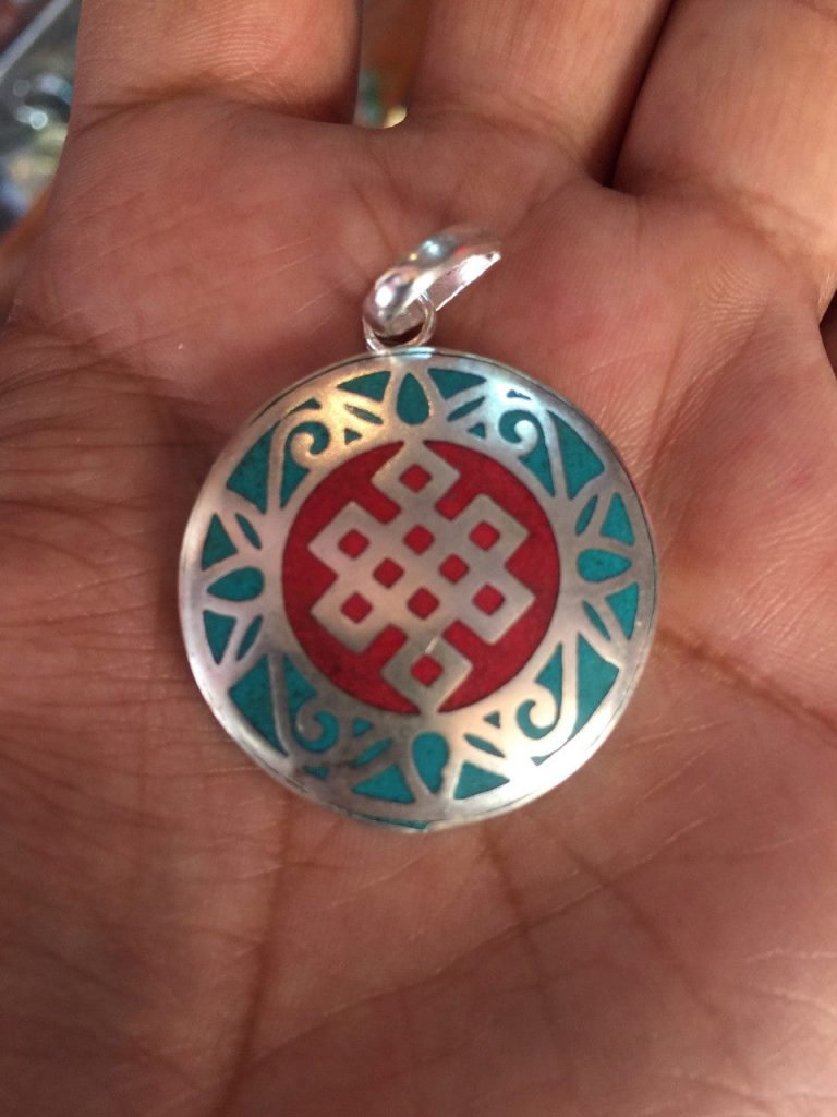 Tibetan Endless Knot Pendant in White Metal