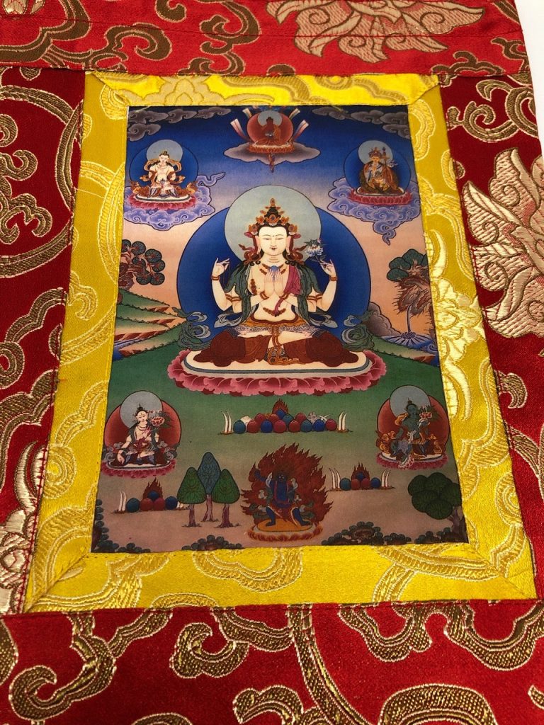 Silk Brocade Chenrezig Thangka Wall Hanging
