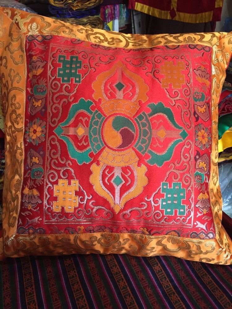 Red Silk Brocade Double Dorje Cushion Cover