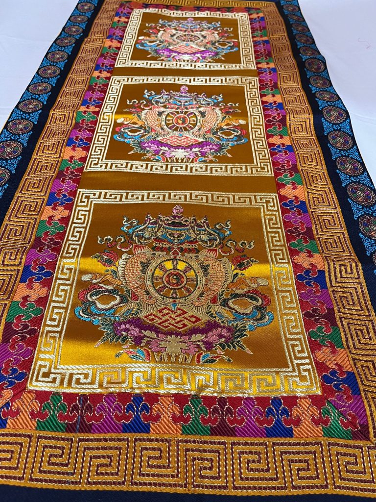 Tibetan Silk Brocade Table Runner with Wheel of Life
