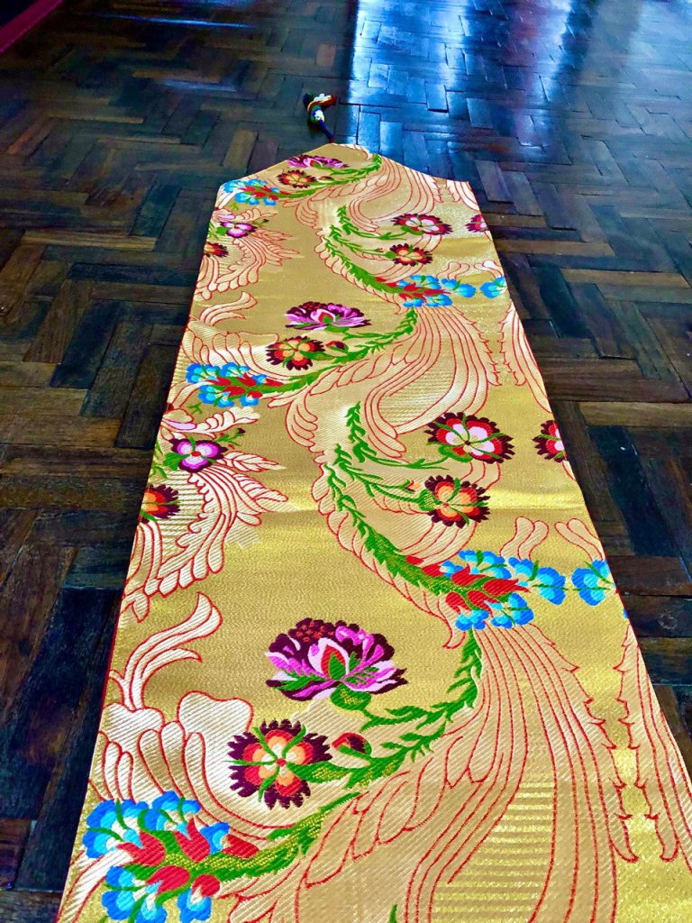 Silk Brocade Golden Flower Table Runner with Tassels