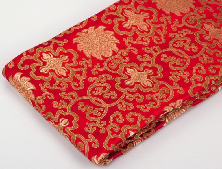 Tibetan Silk Brocade with Red Lotus Design